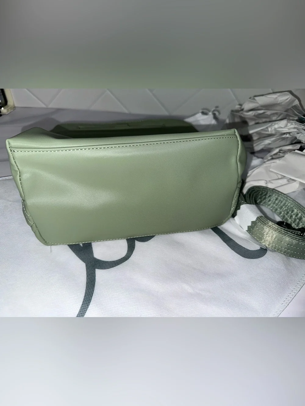 Lug Double Dip Satin Luxe Vegan Leather crossbody Sage Green / New!